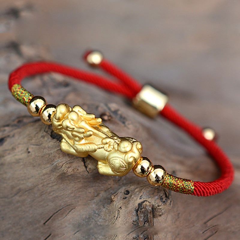 Gold-Plated PiXiu Red String Bracelet – close-up gold PiXiu charm detail on red string, Feng Shui protection