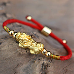 Gold-Plated PiXiu Red String Bracelet – close-up gold PiXiu charm detail on red string, Feng Shui protection
