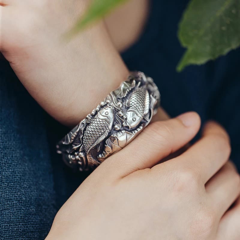 Koi Lotus Luck Bracelet – End caps with scrollwork and smooth opening gap, elegant cuff bangle