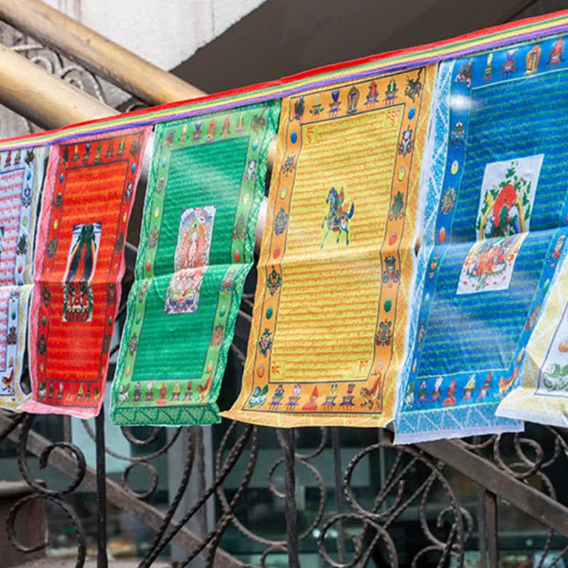 Tibetan Prayer Flag 5 Colors Windhorse Outdoor – Vibrant lungta flags on long rope with five elemental colors, Himalayan