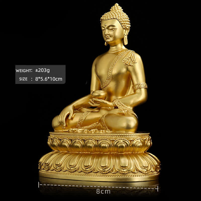 Shakyamuni Amitabha Medicine Buddha Copper Statue Decor – triad on console with beads, devotion corner art