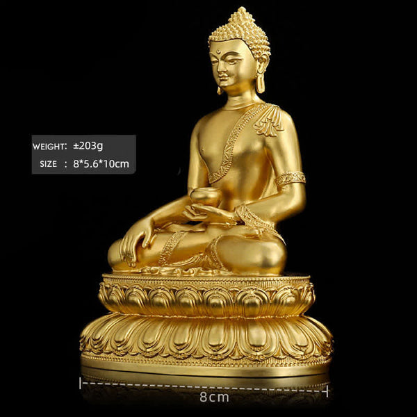 Shakyamuni Amitabha Medicine Buddha Copper Statue Decor – triad on console with beads, devotion corner art
