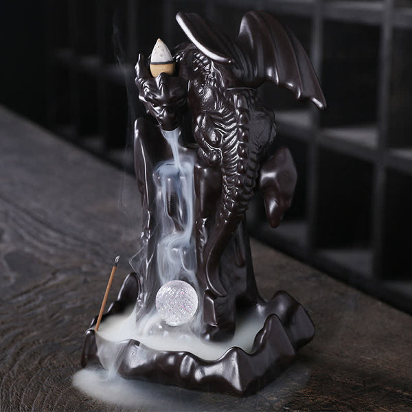Nordic Dragon Backflow Incense Burner with dual cone and stick incense, smoke waterfall, ceramic dragon sculpture