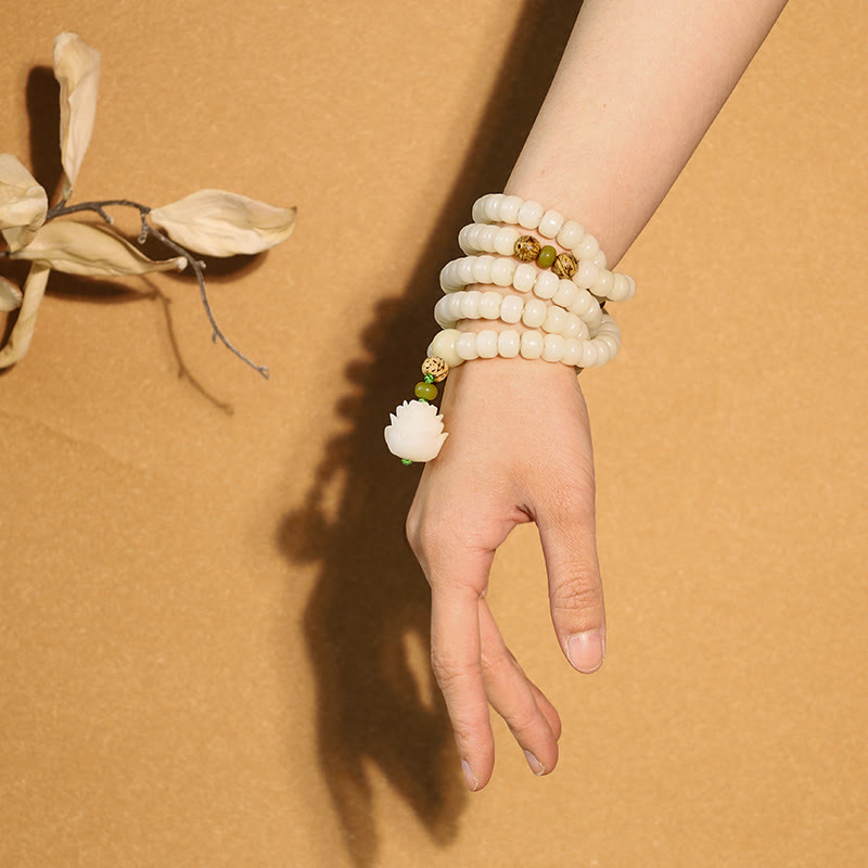 Bodhi Seed Lotus Mala - multi-strand wrap bracelet with green jade and bodhi accents, natural organic