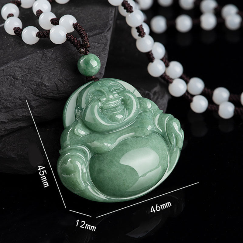 Laughing Buddha Cyan Jade Harmony Necklace – Evenly sized jade beads surrounding central laughing deity, balance design