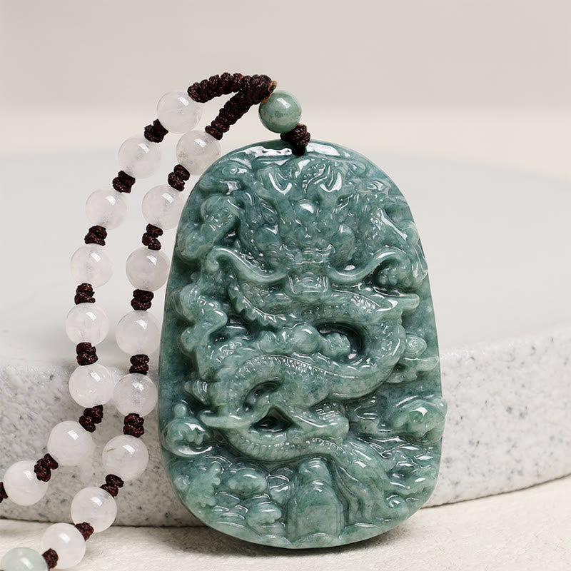 Chinese Zodiac Dragon Jade Necklace - Hand-carved dragon relief on sage green jade with quartz beads, Luck