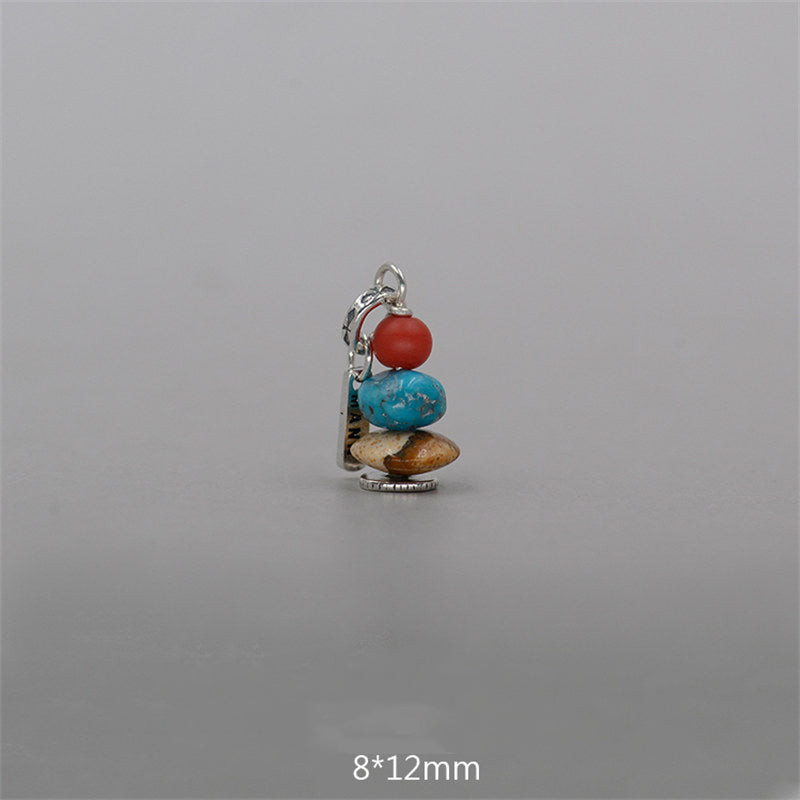 Zen Cairn Crystal Pendant – red coral turquoise brown stone pendant with silver bail, 8x12mm bead charm