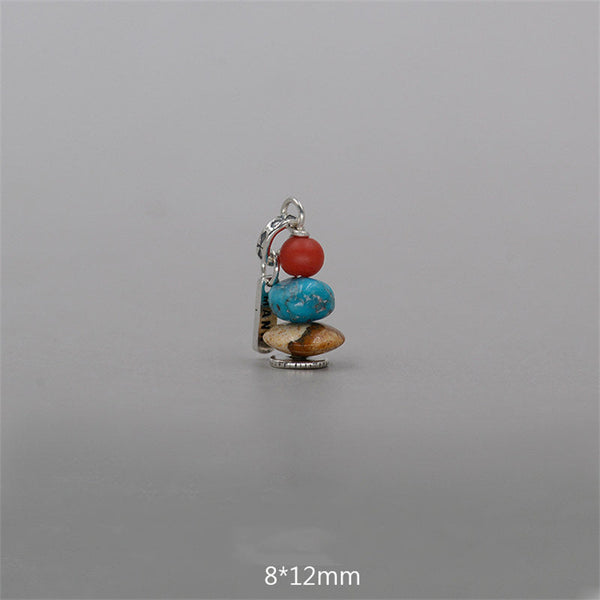 Zen Cairn Crystal Pendant – red coral turquoise brown stone pendant with silver bail, 8x12mm bead charm