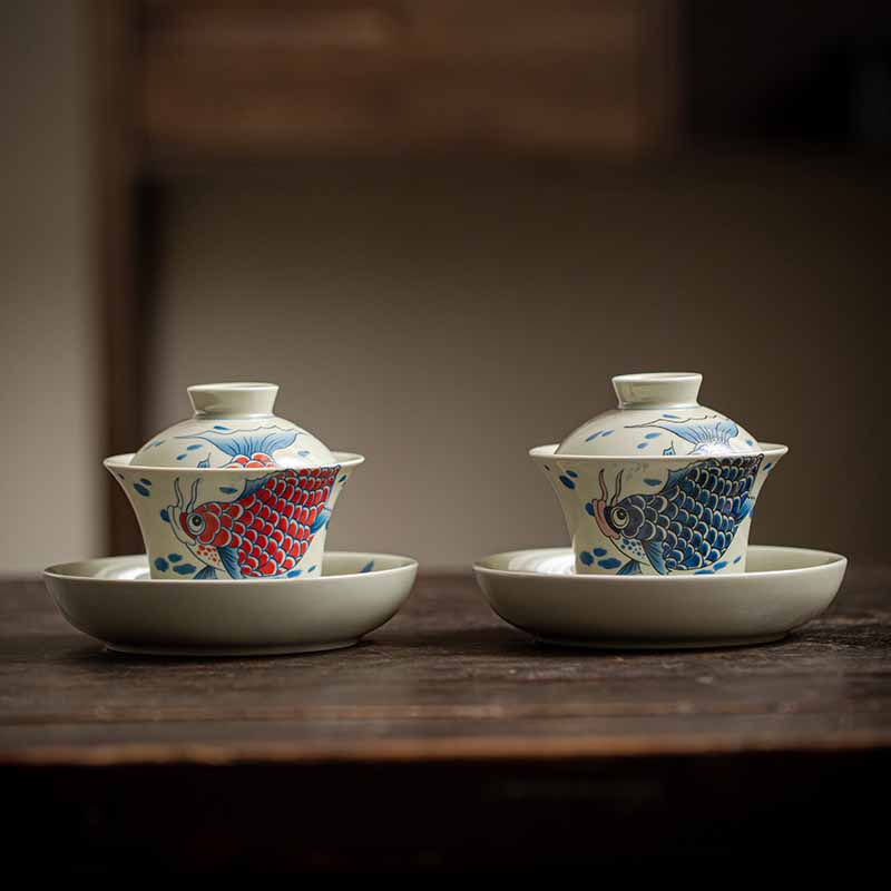 Koi Sancai Cup – macro of koi fish eye and scale detail, ceramic art gaiwan