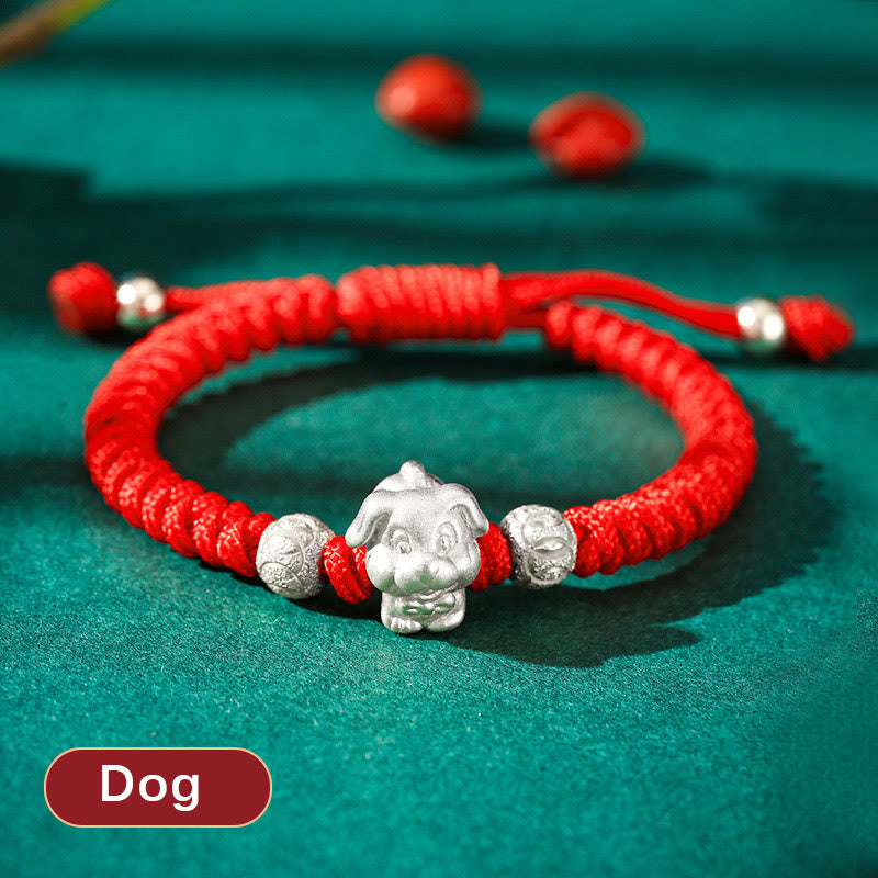 999 Sterling Silver Zodiac Red Rope Kids Bracelet - Dog charm on multicolor red cord on white, festive bracelet