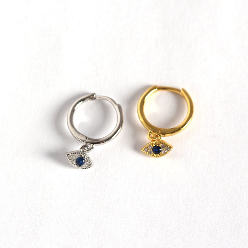 Silver & Gold Evil Eye Huggie Hoop Earrings with Dangle Charms, White Background