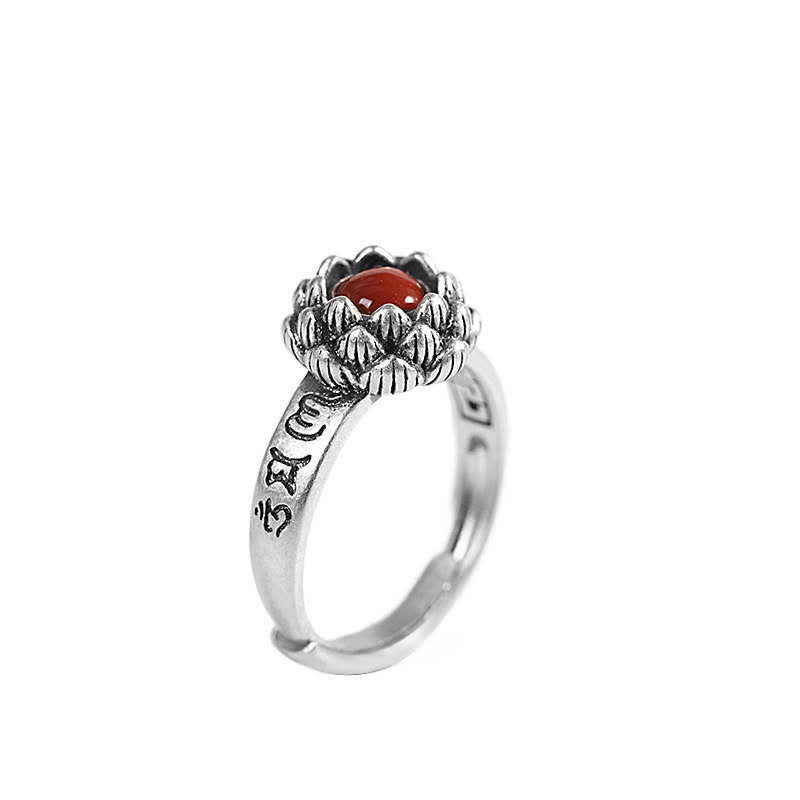 925 Silver Lotus Red Agate Ring – sterling silver lotus ring with carnelian stone and engraved Sanskrit band, adjustable open design, white background