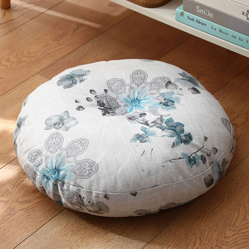 Lotus Linen Meditation Cushion – Turquoise floral watercolor print on wood floor