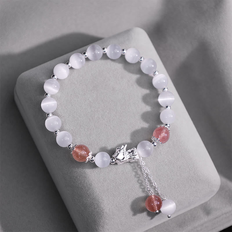 Cat's Eye PiXiu Bracelet – Gray cushion showcase with pink strawberry quartz and silver PiXiu