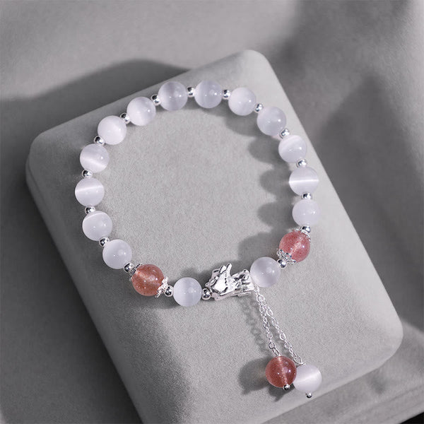 Cat's Eye PiXiu Bracelet – Gray cushion showcase with pink strawberry quartz and silver PiXiu