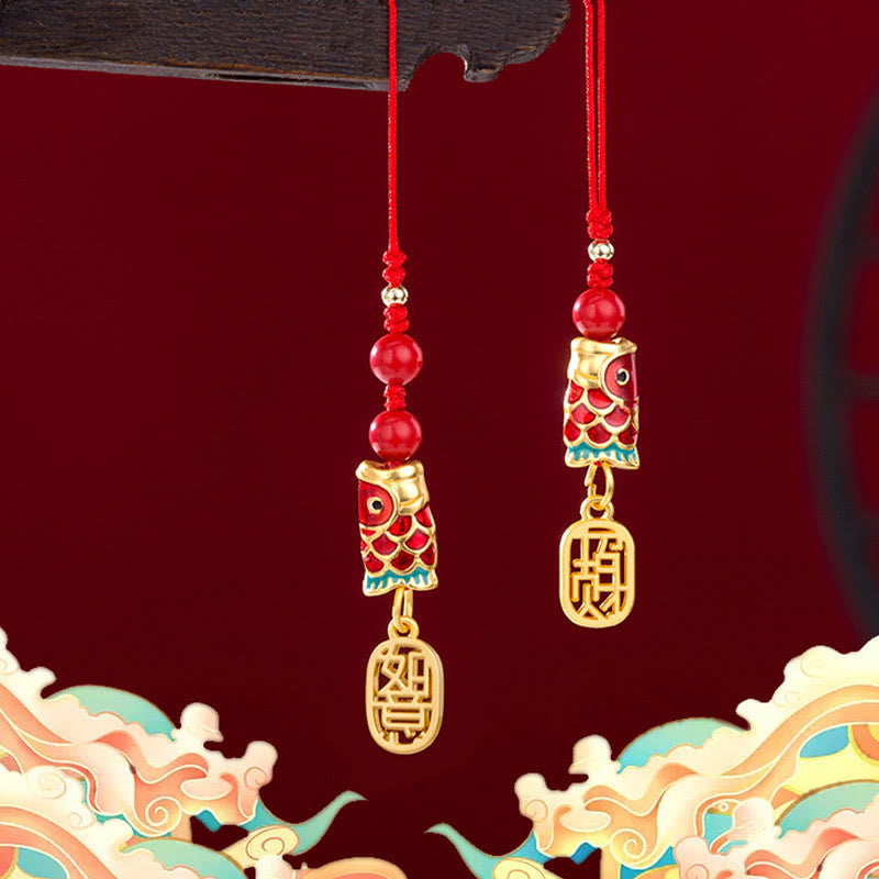 Koi Fish Cinnabar Ruyi Phone Charm – pair of cinnabar koi with ruyi cloud between, red phone charm ornament