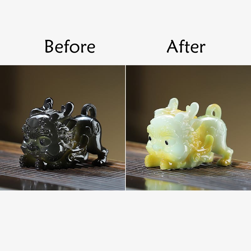 Color Changing PiXiu Tea Pet – Split view black and color-changed PiXiu side by side