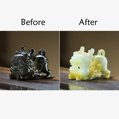 Color Changing PiXiu Tea Pet – Split view black and color-changed PiXiu side by side