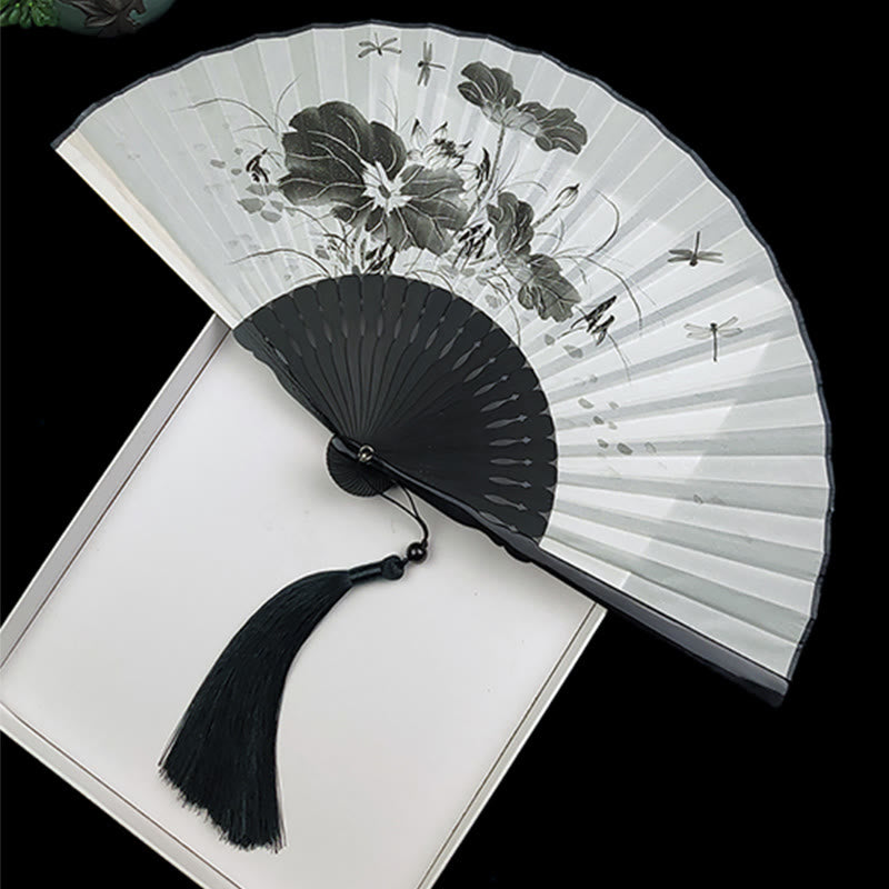 Vintage Silk Folding Fan - Ink wash lotus and dragonfly painting with black tassel, lotus fan