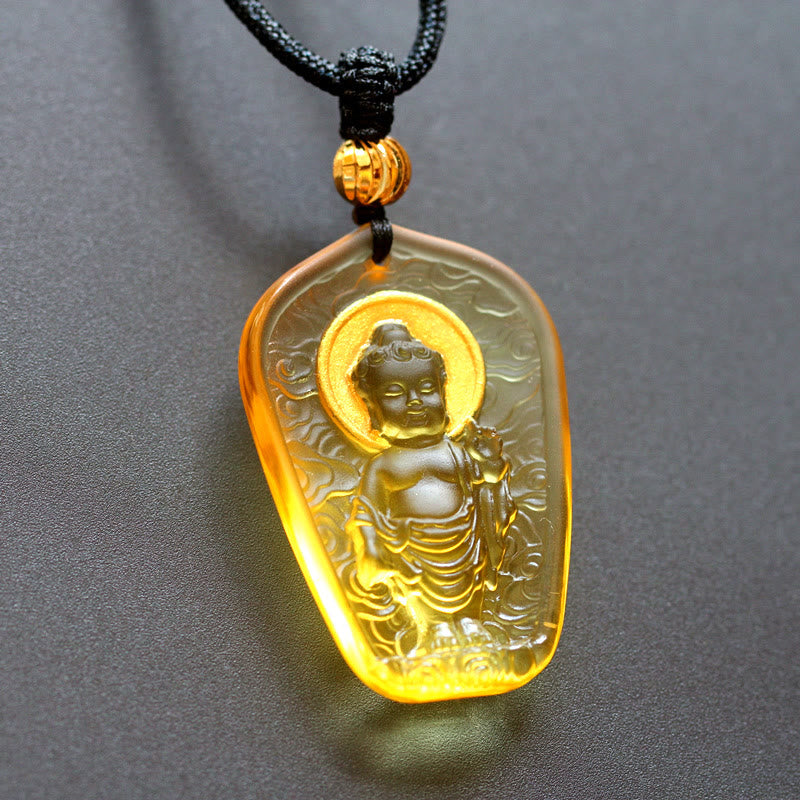 Tibetan Buddha Liuli Crystal Necklace – back view pendant bail and carving detail, fine jewelry making