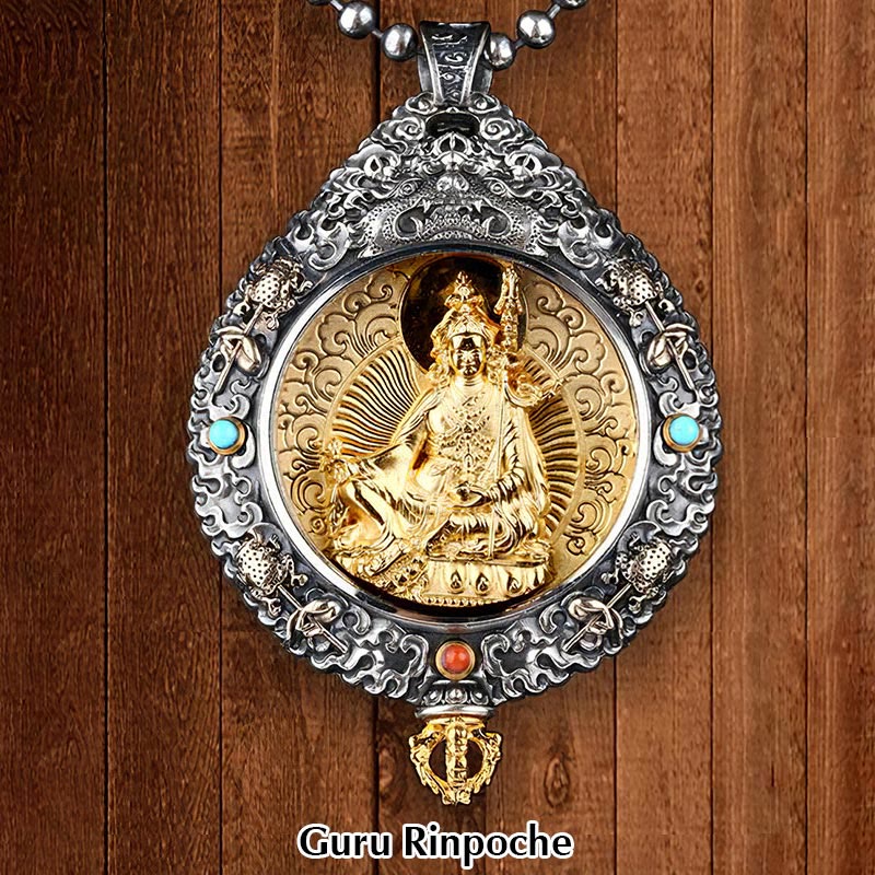 Zodiac Buddha Thangka Wealth Rotatable Pendant – Guru Rinpoche front view on wood panel with turquoise accents, power