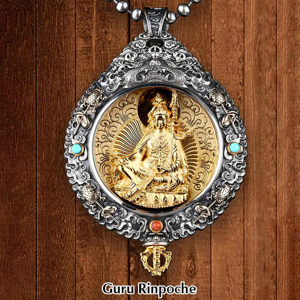 Zodiac Buddha Thangka Wealth Rotatable Pendant – Guru Rinpoche front view on wood panel with turquoise accents, power