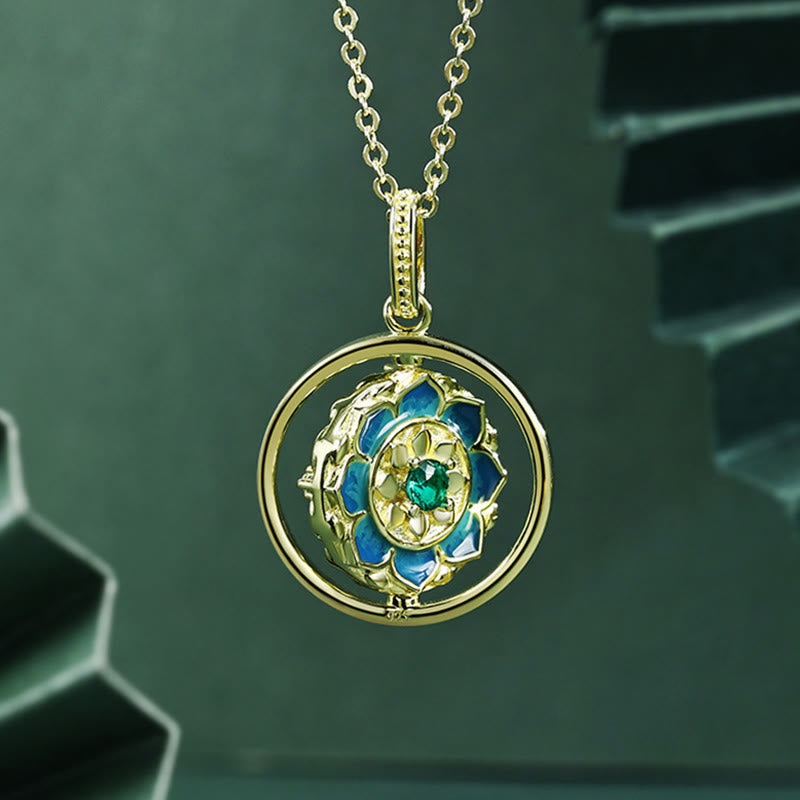 Silver Lotus Zircon Necklace – Blue enamel petals, green center, Spiritual luxury
