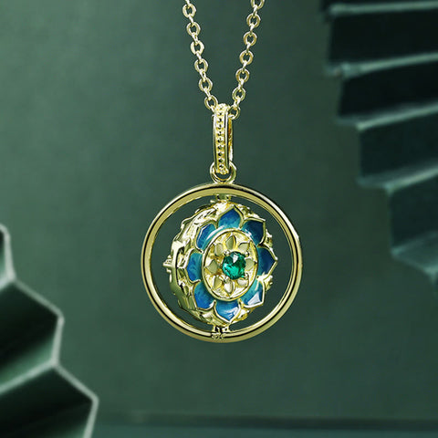 Silver Lotus Zircon Necklace – Blue enamel petals, green center, Spiritual luxury Hauptbild