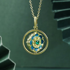 Silver Lotus Zircon Necklace – Blue enamel petals, green center, Spiritual luxury