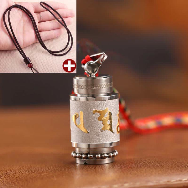 Om Mani Padme Hum Amulet – Two pendants, end cap mantra, beaded rim, brushed steel