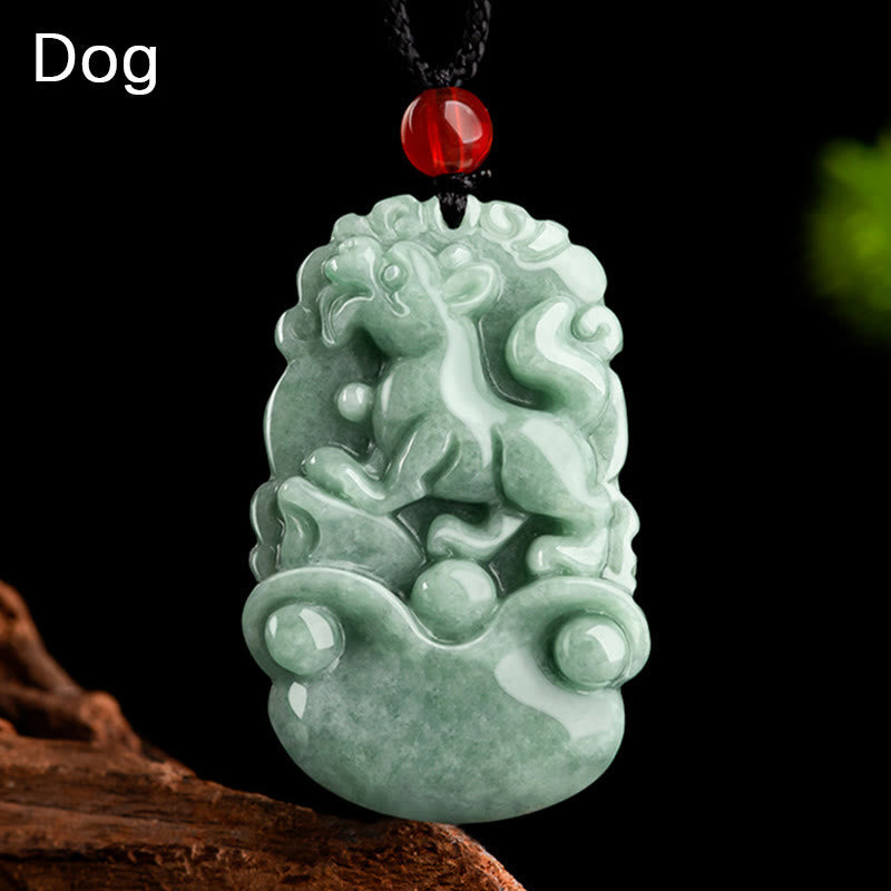 Green Jade Zodiac Necklace - Alert dog pendant with flowing mane on lingzhi base, loyal protector