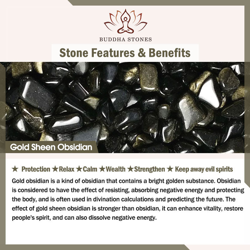 Obsidian PiXiu Five Gods Bracelet – Gold Sheen Obsidian stone benefits card with black gold crystals, protection infographic