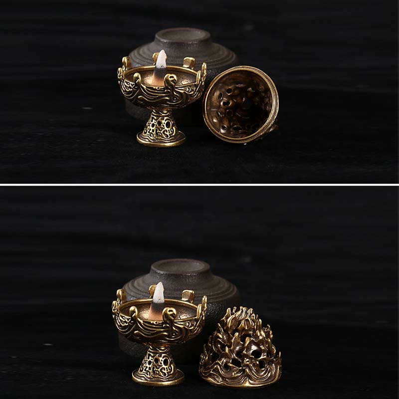 Copper Incense Burner Two-Panel – Lid-off showing interior hollow and lid-on displaying mountain peak design, comparison view