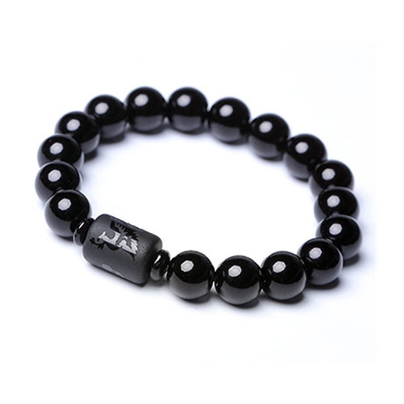 Black Obsidian Phoenix Dragon Bracelet – Fortune character engraving on matte center bead, Luck
