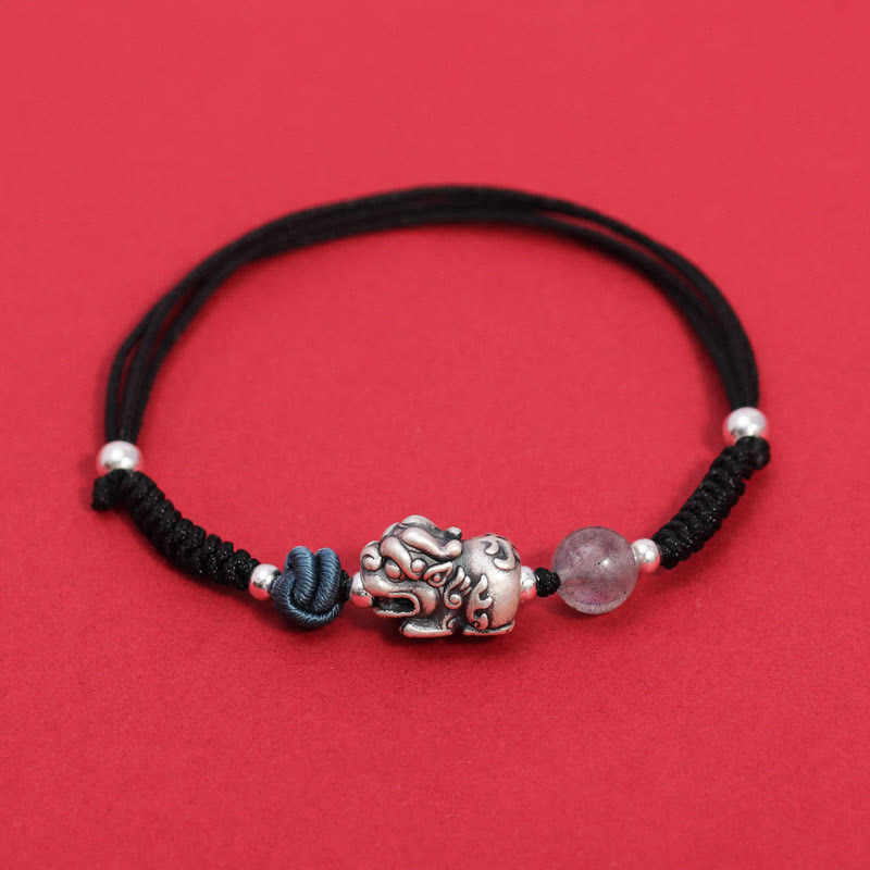 Silver PiXiu Strawberry Quartz Bracelet – Black braided bracelet with PiXiu on red