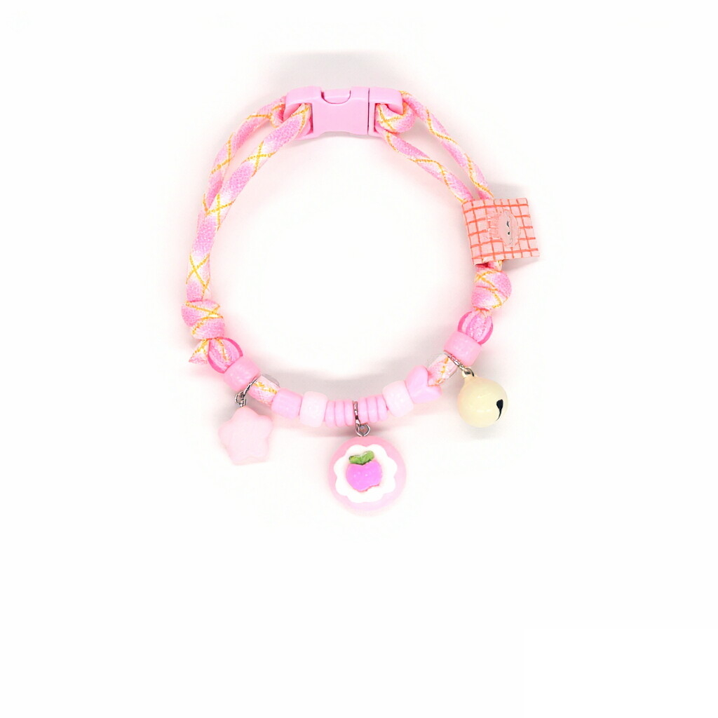Cute Pet Collar – Pink-yellow quilted rope with apple, paw & cream bell, adjustable charm collar