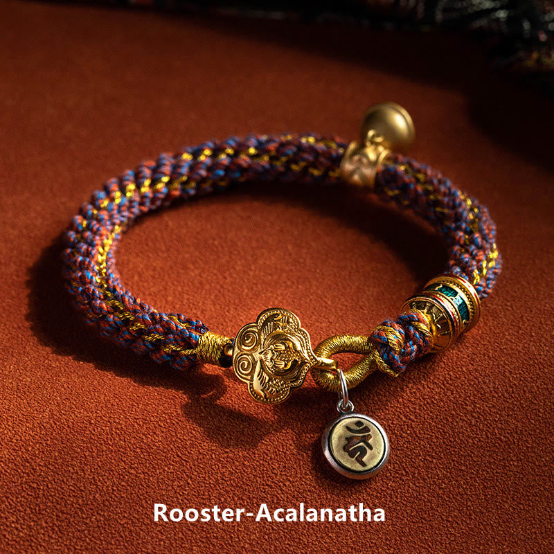 Om Mani Padme Hum Braided Bracelet – Rooster zodiac with Acalanatha gold medallion and Tibetan mantra charm