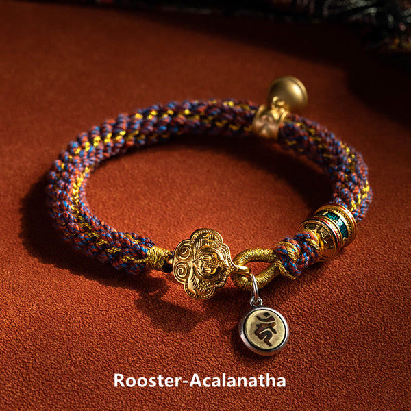 Om Mani Padme Hum Braided Bracelet – Rooster zodiac with Acalanatha gold medallion and Tibetan mantra charm