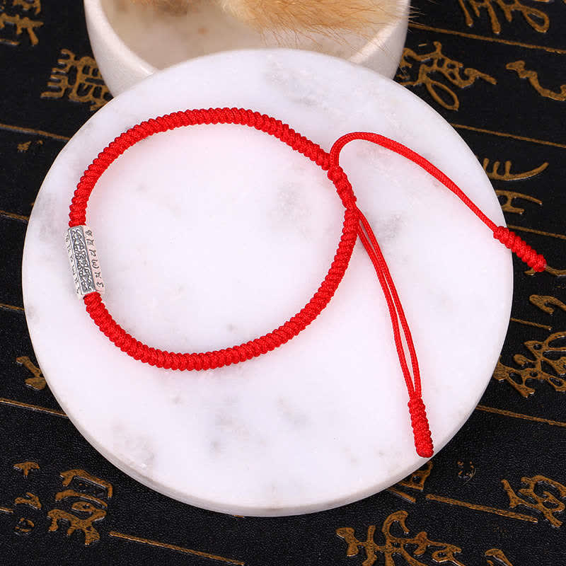 Red String Om Mani Padme Hum Bracelet - Single red cord on marble with dried flowers, red string