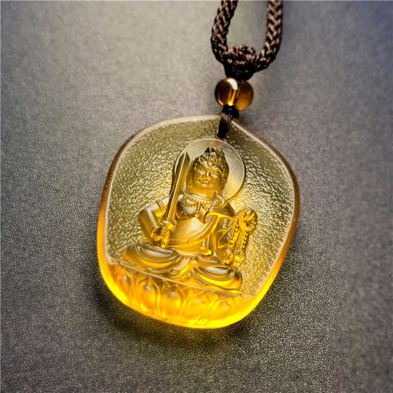 Chinese Zodiac Natal Buddha Liuli Pendant - Acala guardian deity with sword and flame halo, amber, Protective