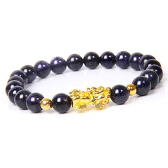 FengShui Obsidian Red Agate Tiger Eye PiXiu Wealth Bracelet – blue goldstone beads with gold pi xiu charm, crystal wealth bracelet