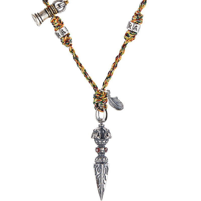 Dorje Vajra Pendant – Front view on white background with prayer wheel and feather, Dorje necklace
