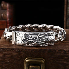 Retro Dragon Scale Bracelet - carved dragon head on aged wood, protective, bold