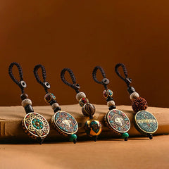 Tibetan Bodhi Seed Peace Key Chain – Five amulet charms with turquoise and Om symbols on wood, keychain set