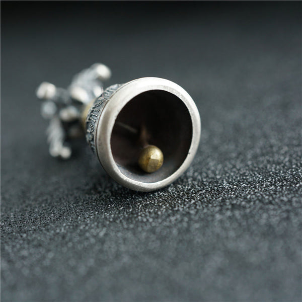 925 Silver Dorje Bell Pendant – Interior view showing brass clapper inside silver ritual bell, macro