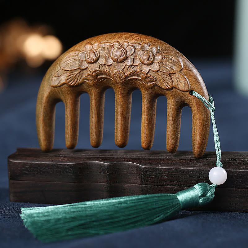 Green Sandalwood Koi & Lotus Tassel Comb, image 21