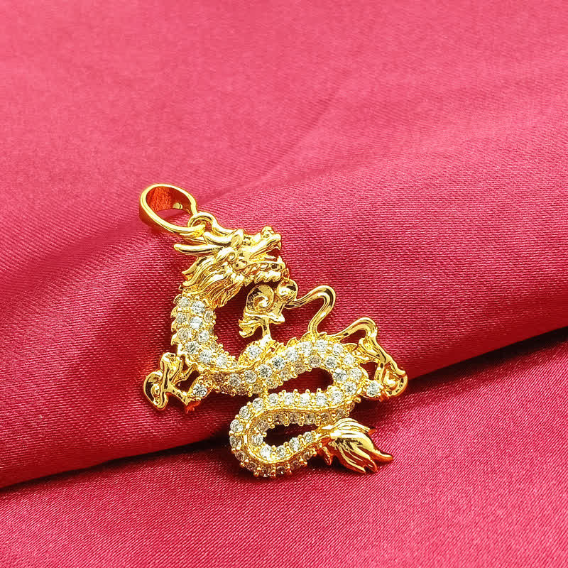 Gold Dragon Protection Necklace – Dragon pendant profile on crimson satin, pave stone body, Strength
