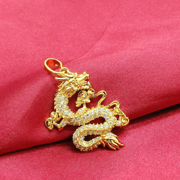 Gold Dragon Protection Necklace – Dragon pendant profile on crimson satin, pave stone body, Strength