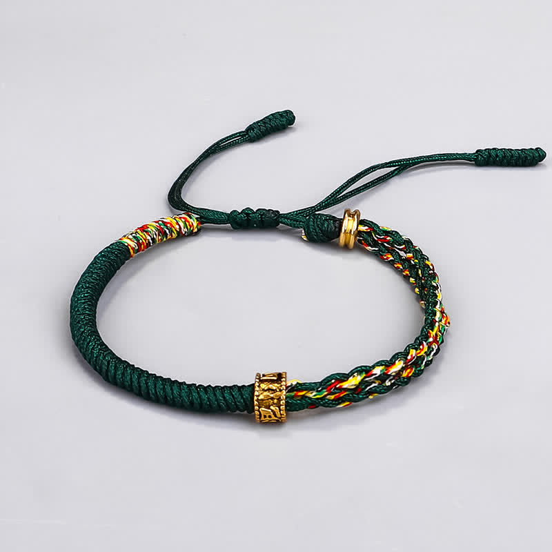 Om Mani Padme Hum Red String Bracelet – Forest green braided rope with multicolor woven accents and gold center bead adjustable slider closure