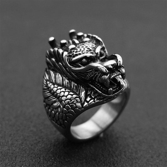 Dragon Balance Titanium Steel Ring – 3D dragon head with scales and horns in oxidized silver, gothic